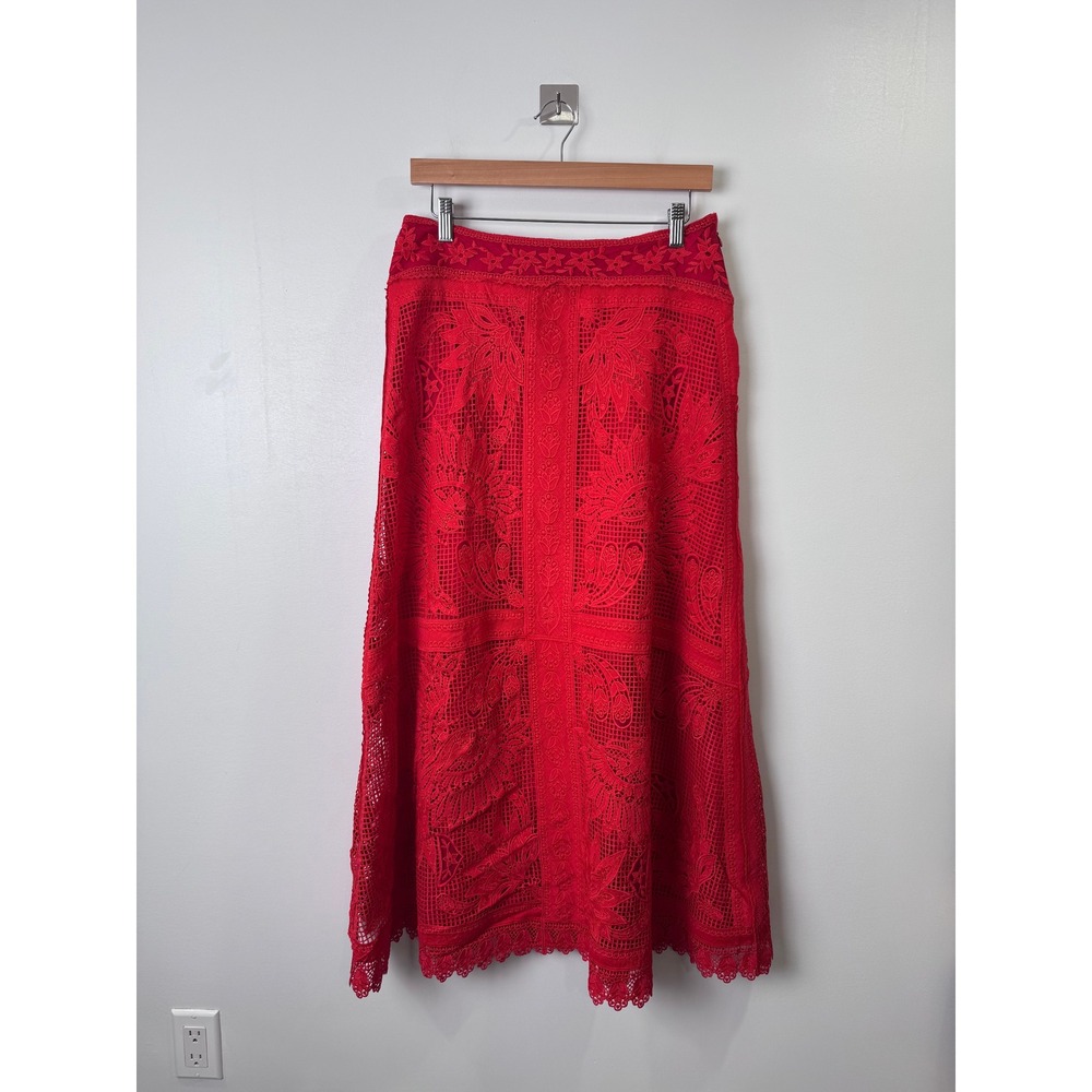 Farm Rio Red Toucan Guipure Midi Skirt Eyelet Women Medium